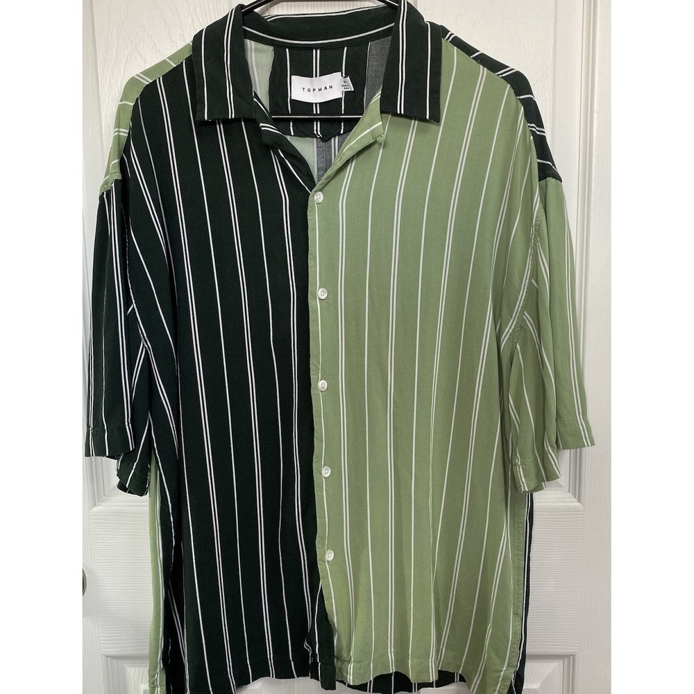 Mens TOPMAN Short Sleeve Button Up Dress Shirt Striped Greens Sz.M